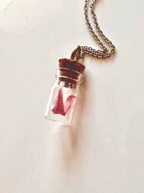 Pink Origami Crane in Glass Bottle Necklace